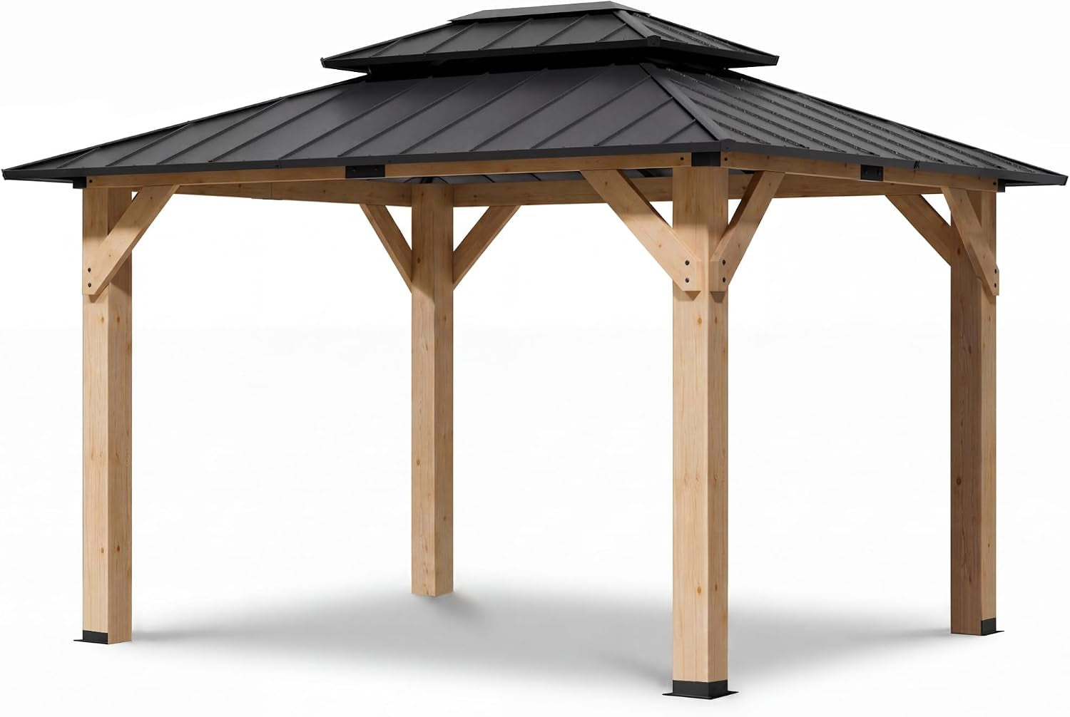 Isolated gazebo on white background showing four square wood posts, corner braces and dark two-tier metal roof