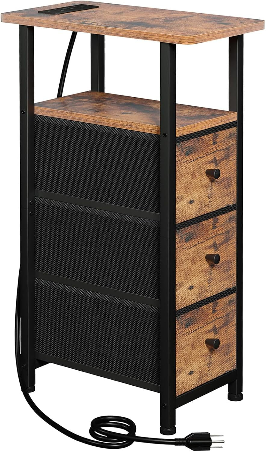 Wood top narrow table variant with teal interior glow and three drawers visible