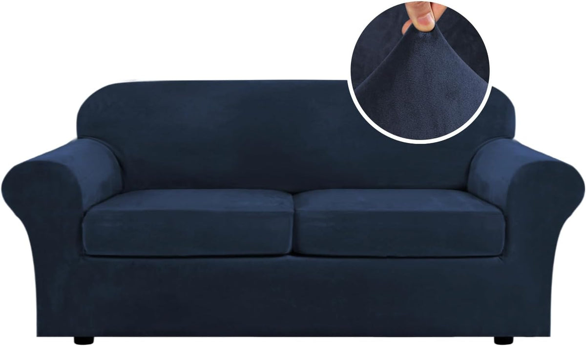 Front view of a navy blue slipcovered sofa with a circular inset showing fabric stretch.