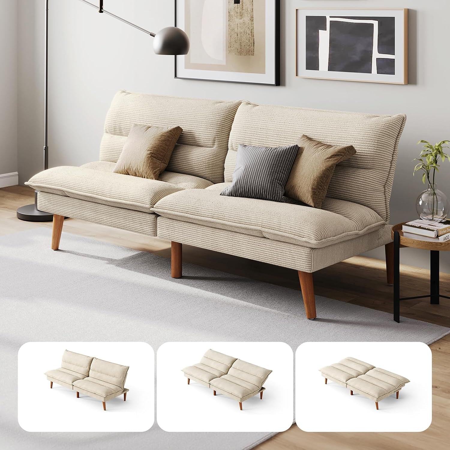 Beige corduroy futon sofa angled front view in a living room with wooden legs and two throw pillows
