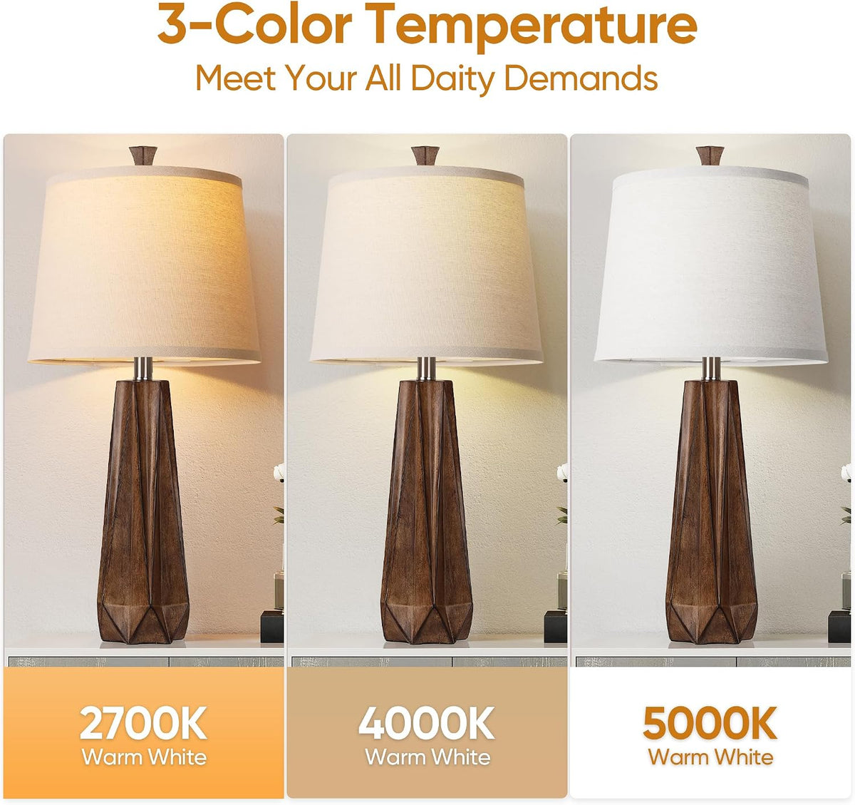 Single table lamp shown in 2700K, 4000K and 5000K color temperature comparison