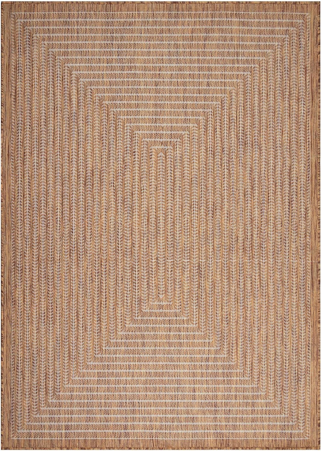 Flat top-down view filling the frame showing the woven center pattern and geometric border in natural beige tones
