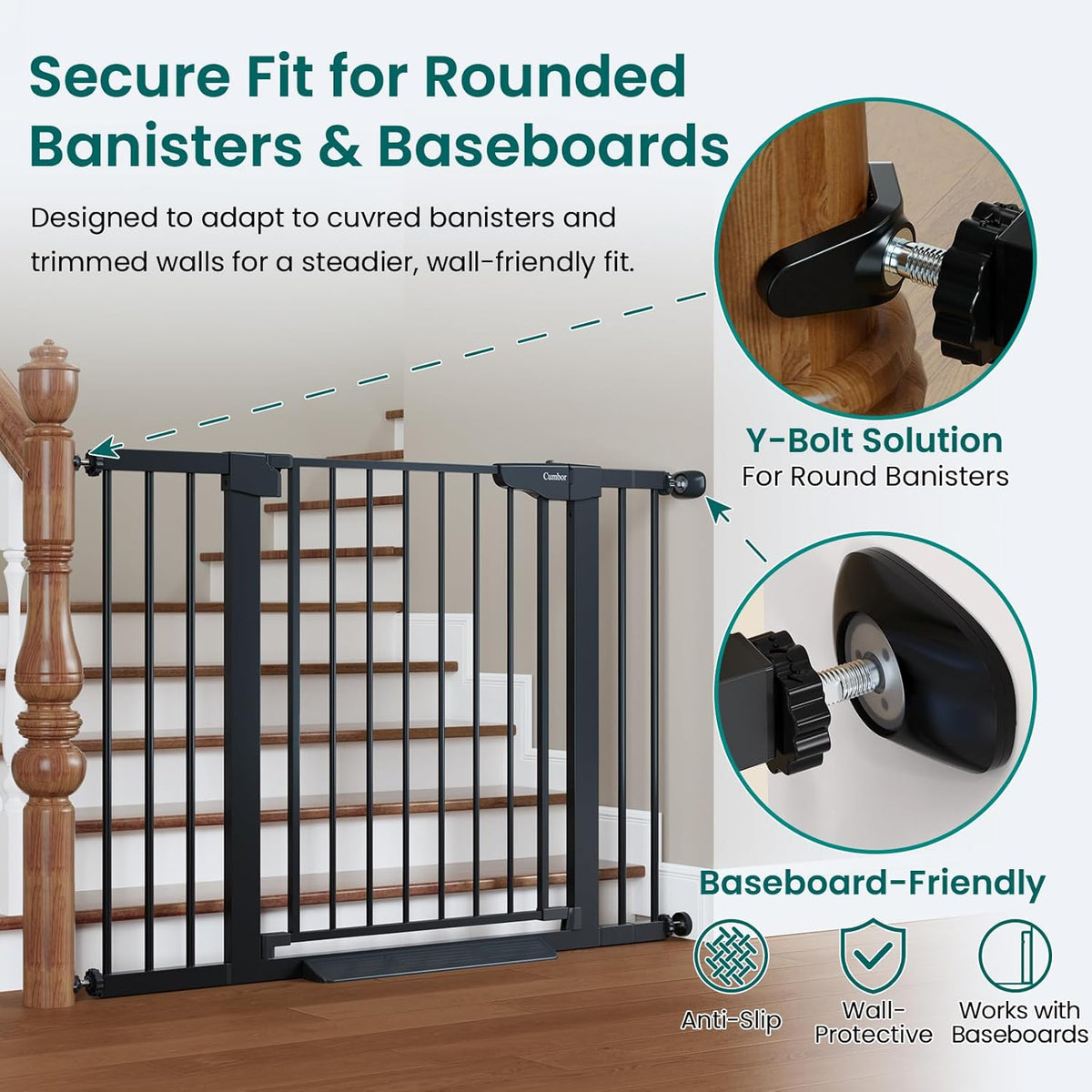 Black gate installed at top of stairs with close-up insets of Y-bolt and wall pad attachments for rounded banisters and