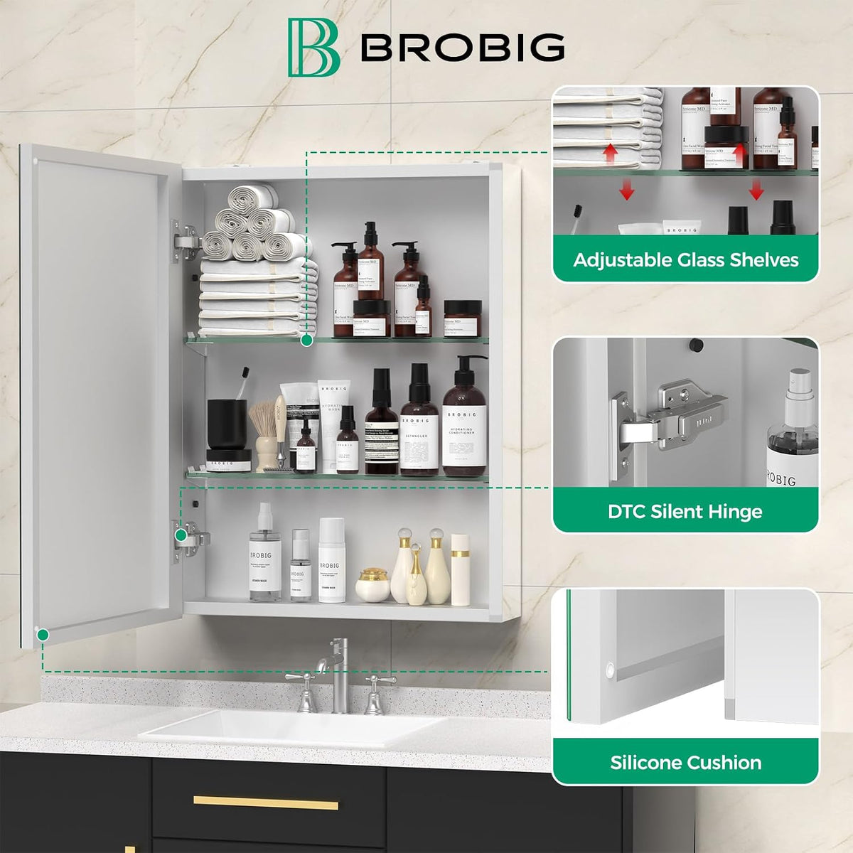 Open mirrored medicine cabinet showing three glass shelves stocked with towels and bottles, with inset close-ups of hinge