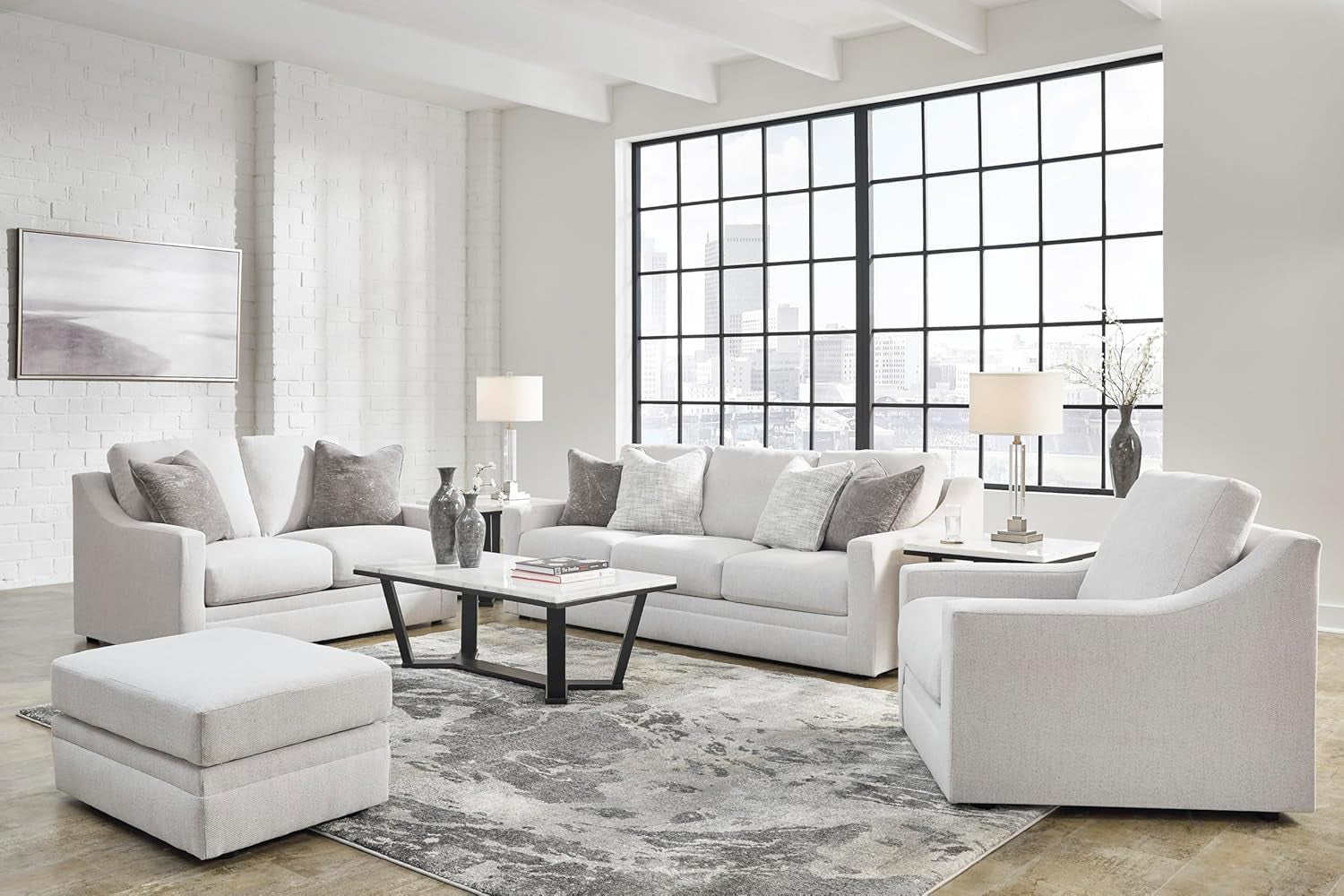 Signature Design by Ashley Maitelynn Sofa, No Assembly Required 88 Inch Contemporary 3 Seater Couch, Sag-Resistant Springless Platform Foundation for Living Room, Light Gray Chalk