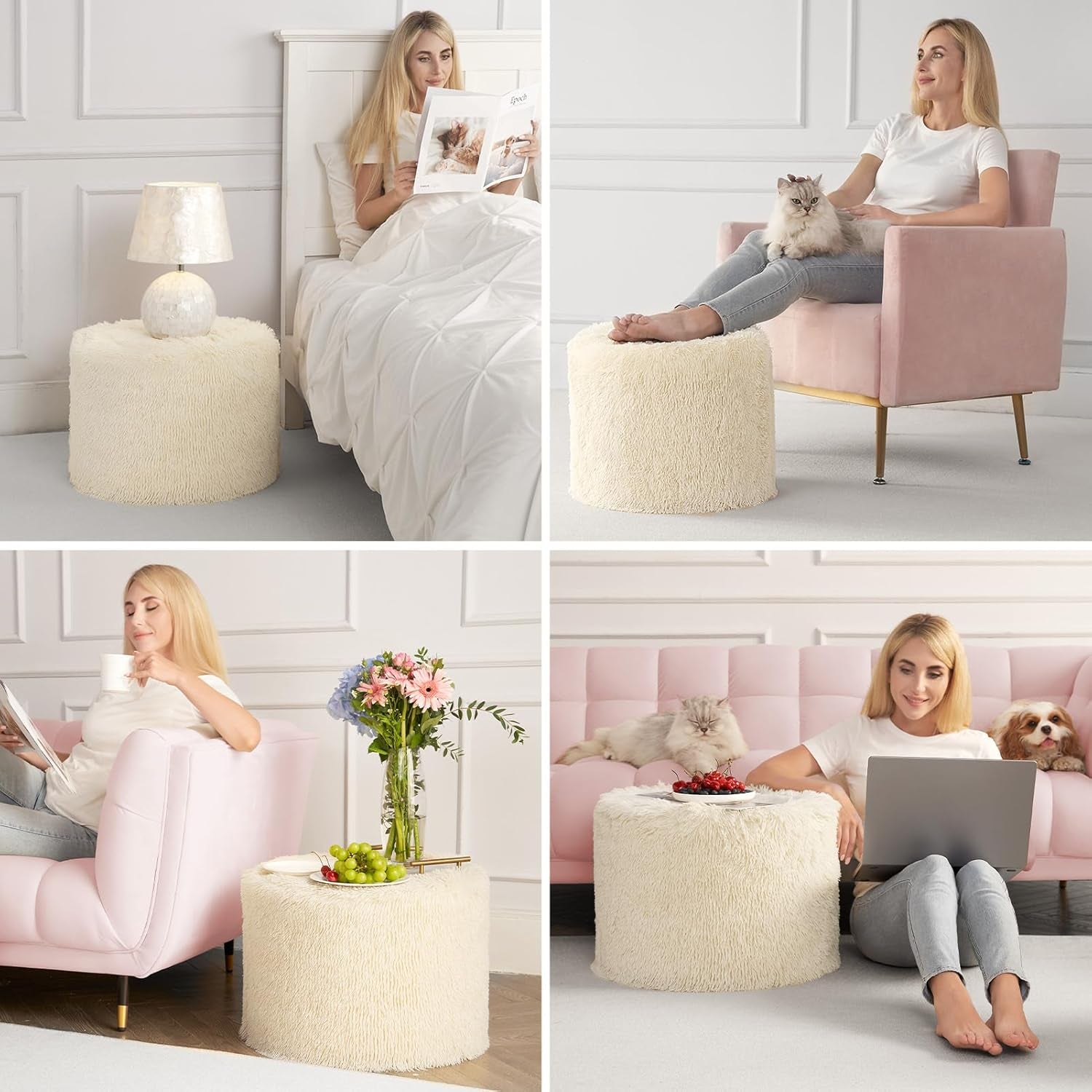 Four scenes showing the beige round pouf used as side table, footrest, and seating