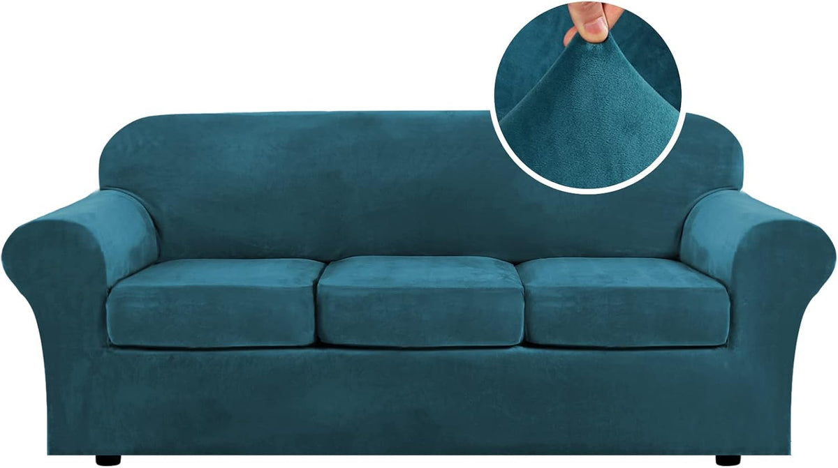 Teal blue three-cushion sofa with plush velvet appearance, even coverage and subtle backrest shading.