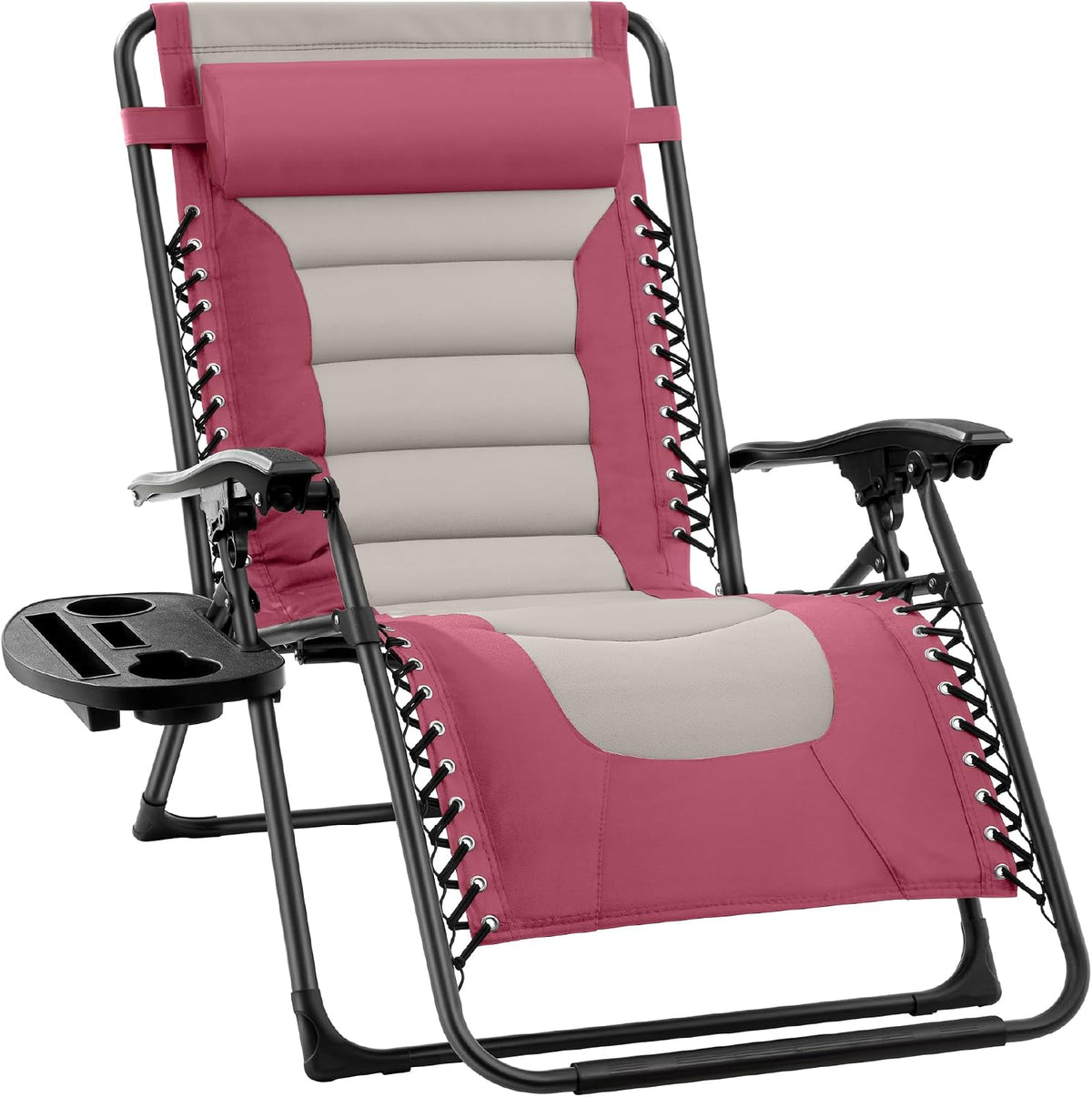 Pink and light gray padded zero-gravity recliner shown at an angle with laced side cords