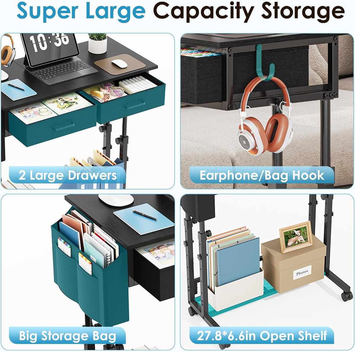 Feature collage highlighting two large fabric drawers, headphone hook, big side storage bag and lower open shelf