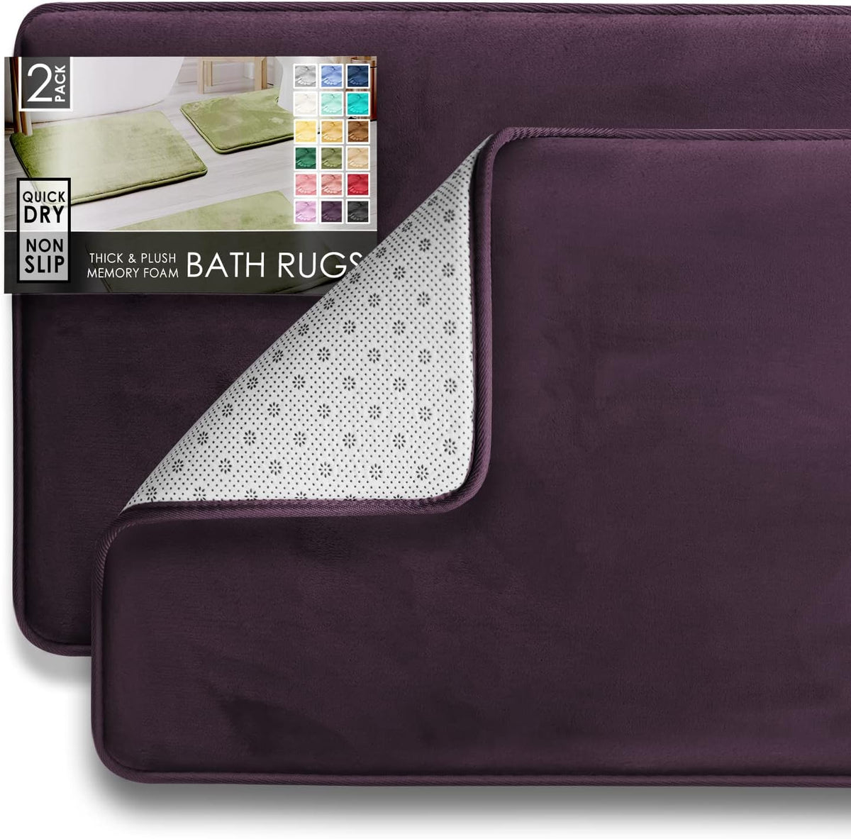 Two plum-colored rectangular mats stacked, top corner flipped to reveal dotted non-slip underside and color swatch label.