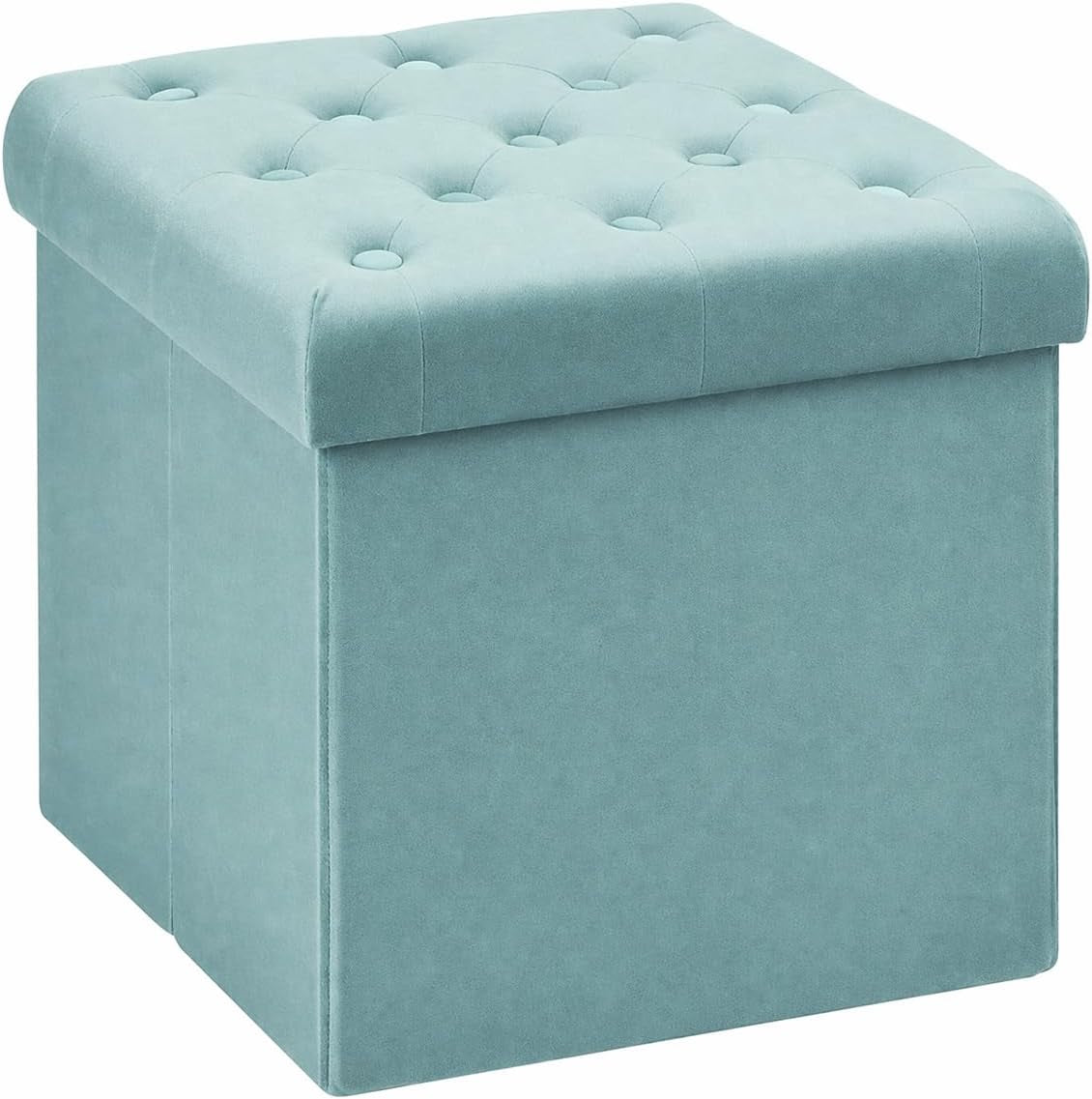 Square light teal tufted velvet storage ottoman shown from a corner
