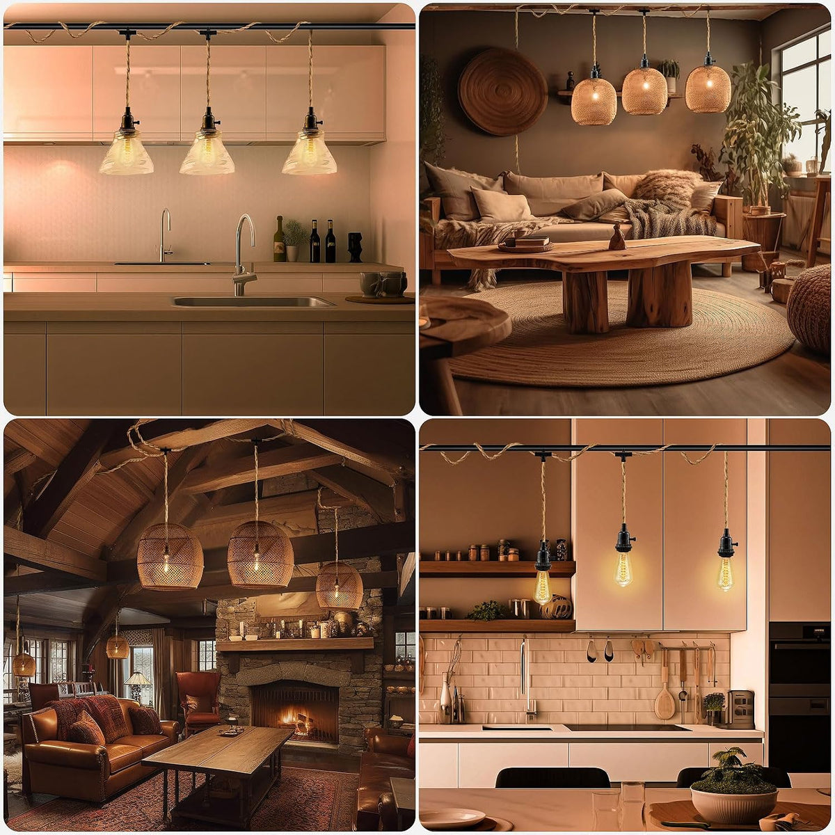 Collage of interior scenes showing hemp-rope pendant installations above a kitchen, dining table and living area