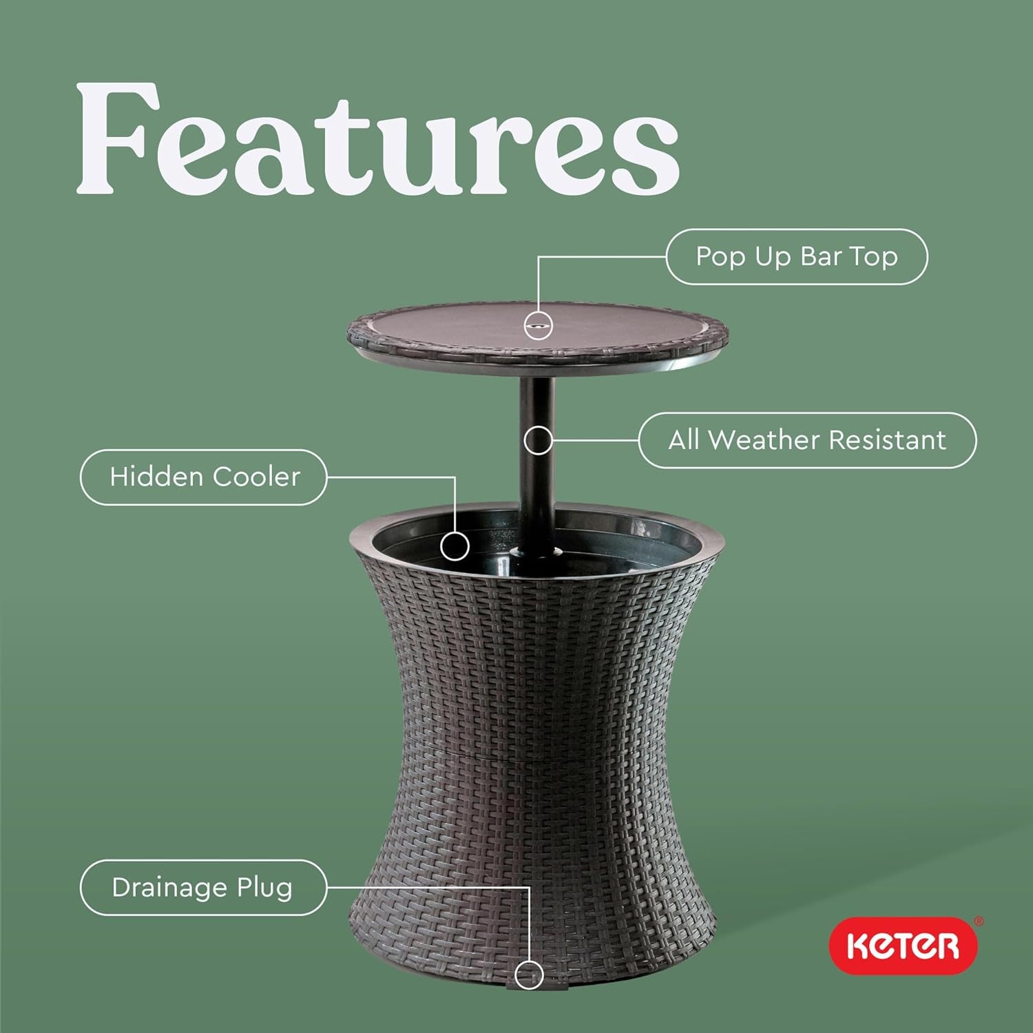 Labeled features graphic showing pop up bar top, hidden cooler, drainage plug and all-weather resistance