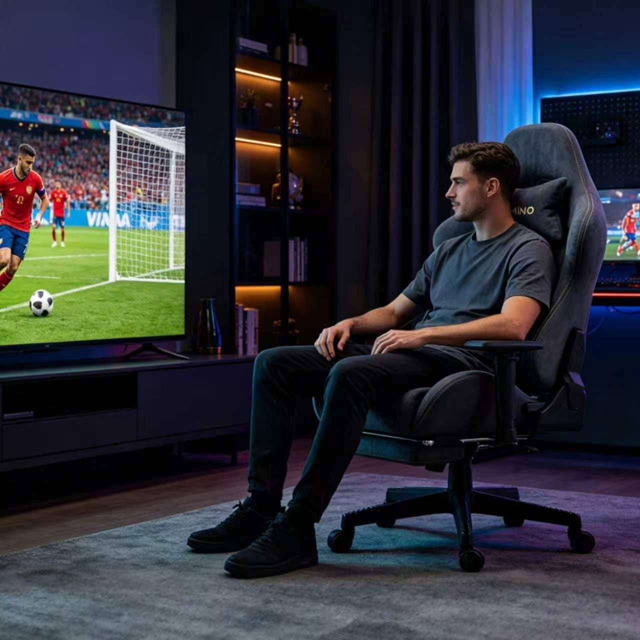 Person seated in a grey high-back gaming chair watching a large TV in a dim living-room setup, side view