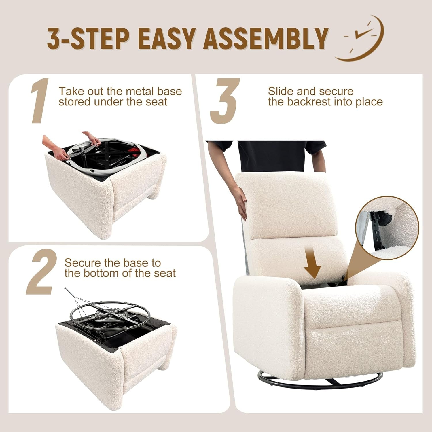 Three-step illustrated assembly showing base attachment and backrest insertion
