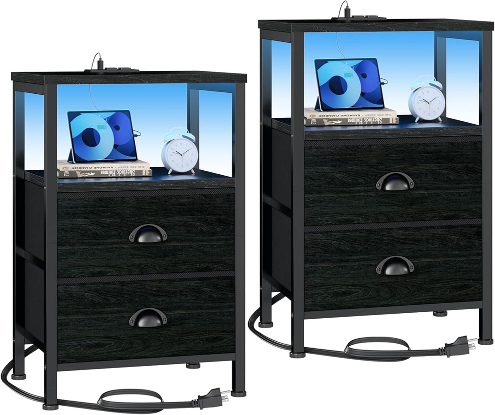 Two black nightstands with metal frames, open top shelf lit blue and two fabric drawers shown side by side
