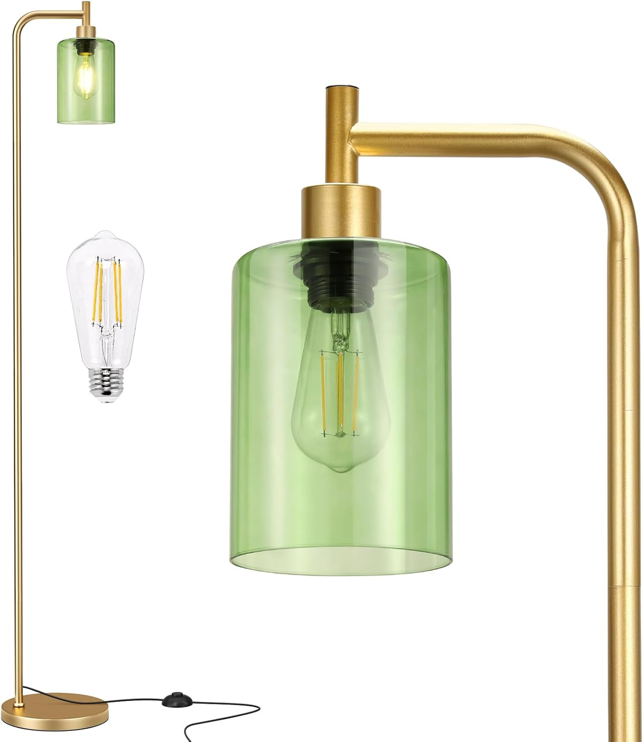 Close-up of a gold-tone lamp arm with a translucent green cylindrical glass shade and exposed filament bulb.