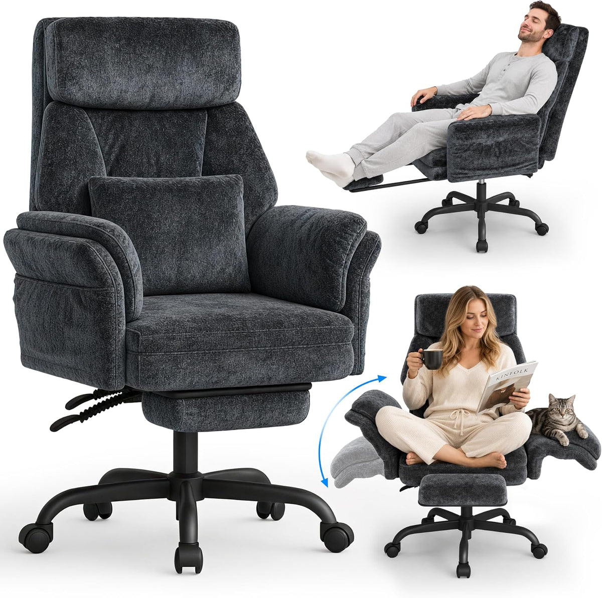 Dark gray plush reclining office chair shown front-on with inset poses of people using the footrest and cross-legged.