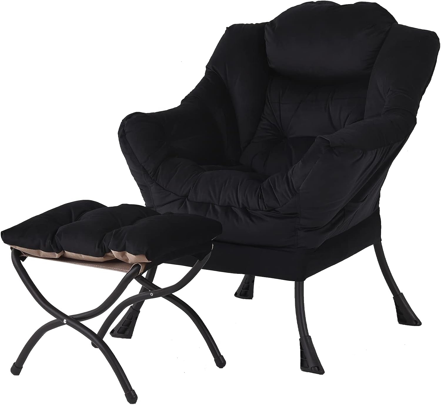 Black padded lounge chair shown with matching ottoman on black metal legs against white background.