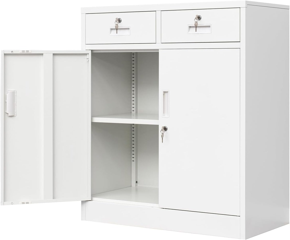 White metal storage cabinet showing two top drawers and open cupboard with center shelf