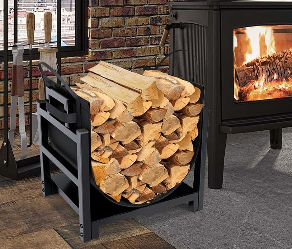 Black log holder filled with split firewood placed on the floor beside a wood-burning stove in a brick-walled room