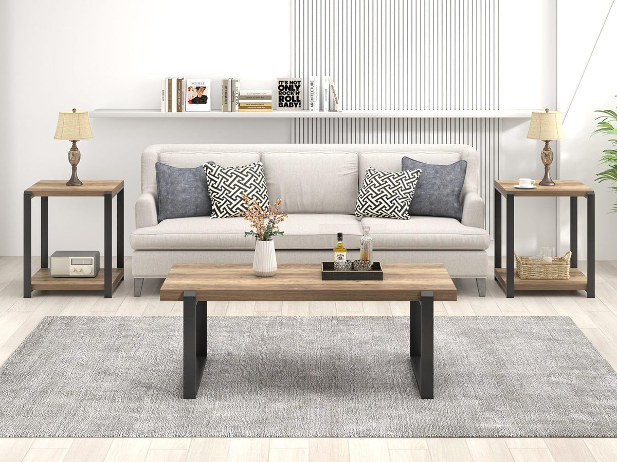 Wide living-room view from slightly above showing the coffee table centered with matching end tables, lamps and a decorative