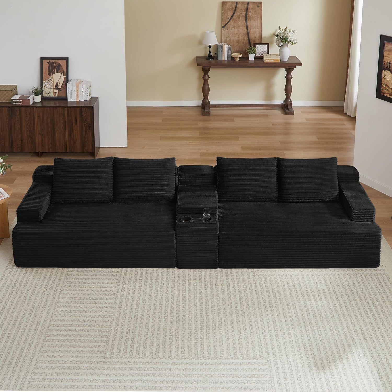 141" Oversized U Shaped Cloud Sectional Couches with Storage Console for Living Room, Corduroy Compressed Boneless Couch, Symmetrical Sofa & Couch with Movable Ottomans, Cup Holder
