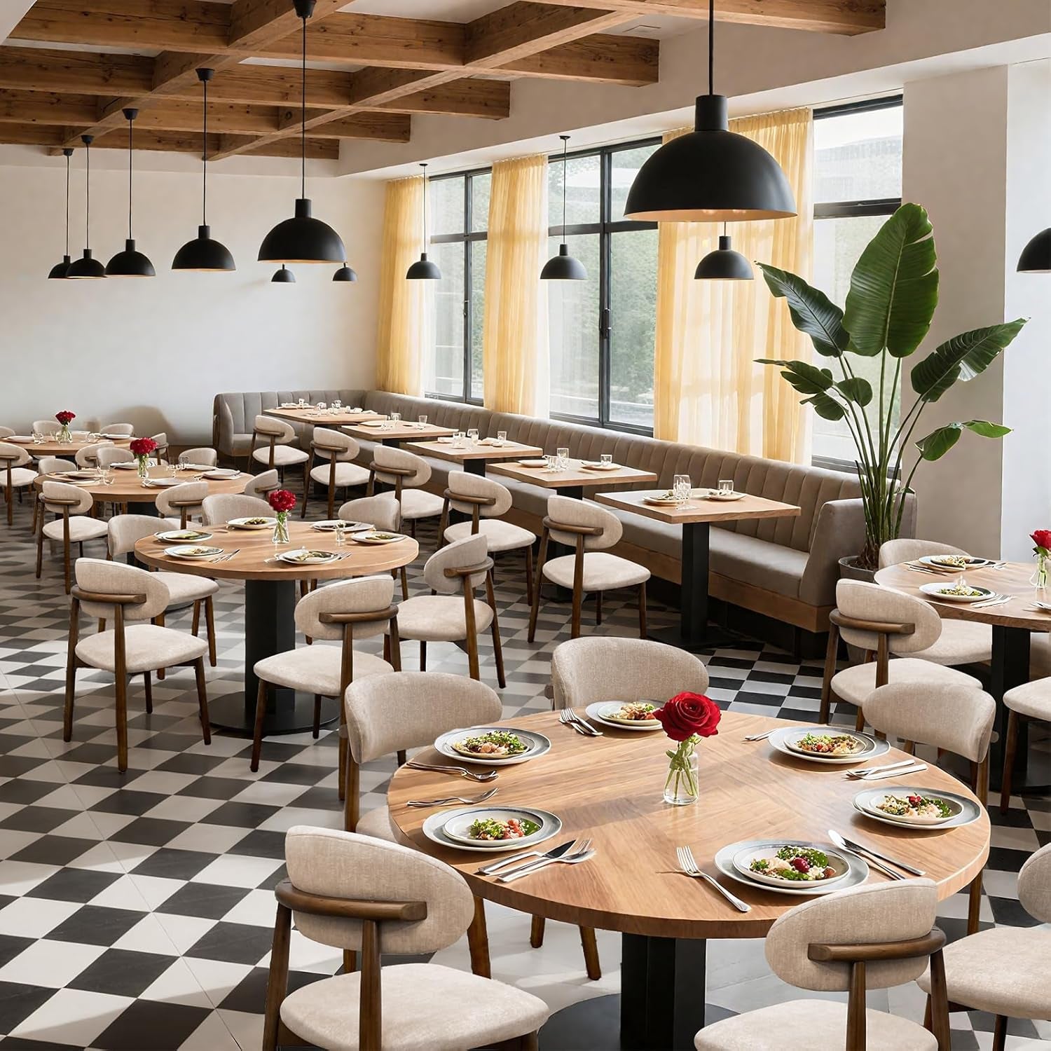 Beige curved-back dining chairs arranged around wood tables in a bright restaurant.
