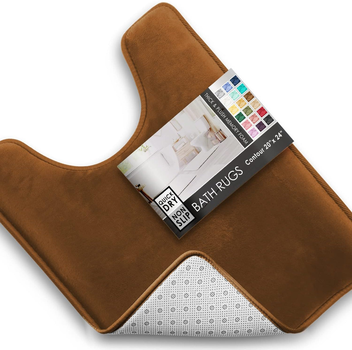 Close-up of a caramel-brown contour rug with corner flipped to reveal patterned non-slip backing and attached label.