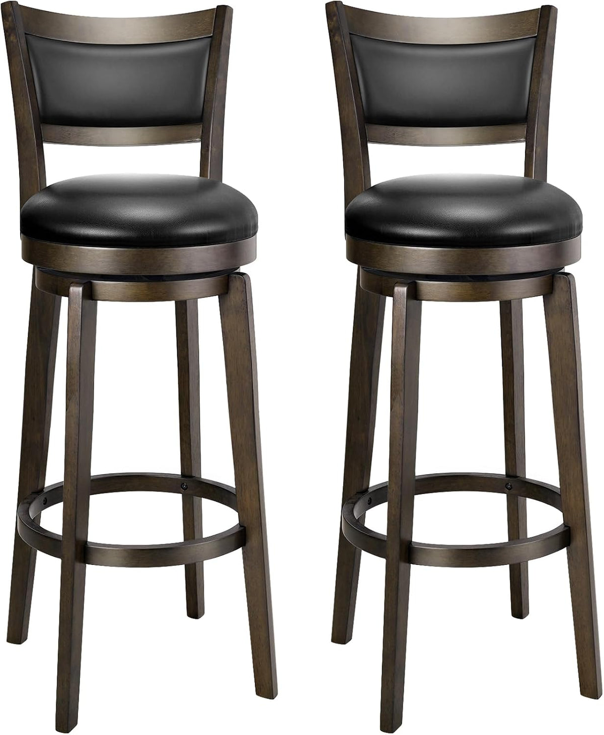 Two matching swivel bar stools side by side with curved wood backrests and round black seats.