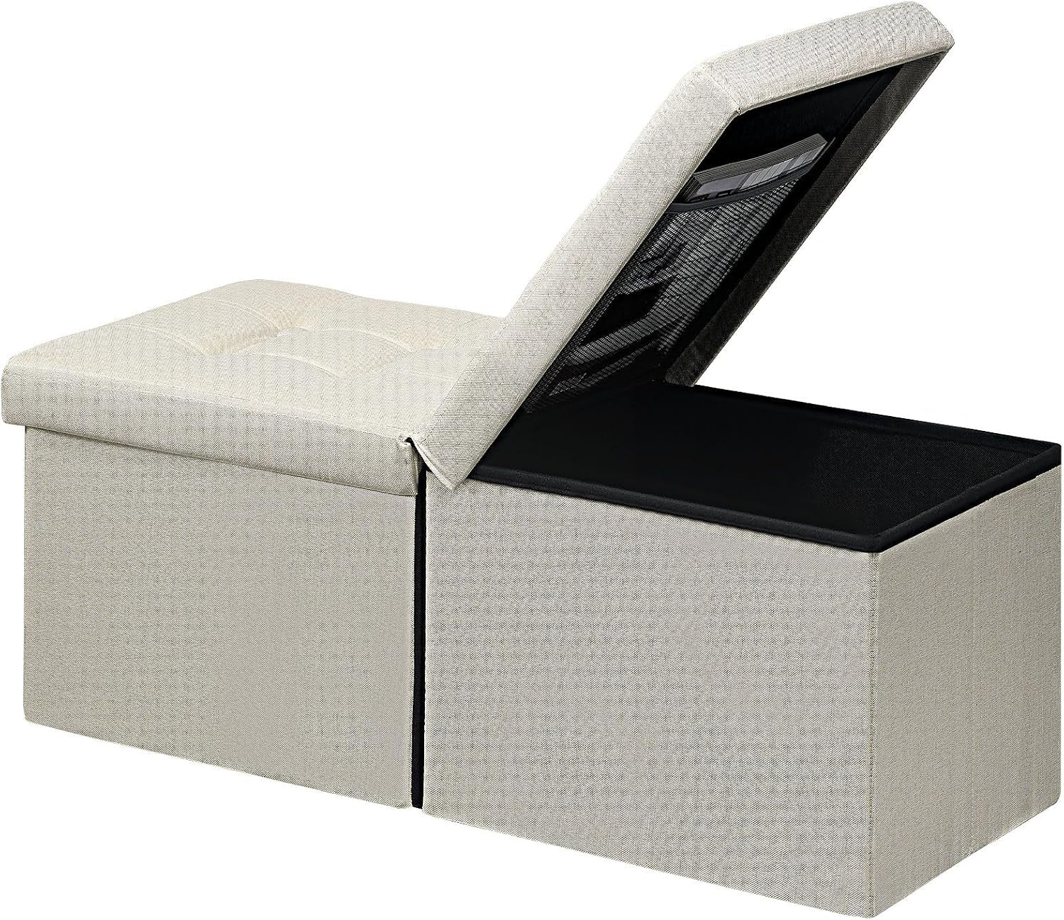 Light beige ottoman bench with tufted padded seat and lifted lid showing mesh pocket