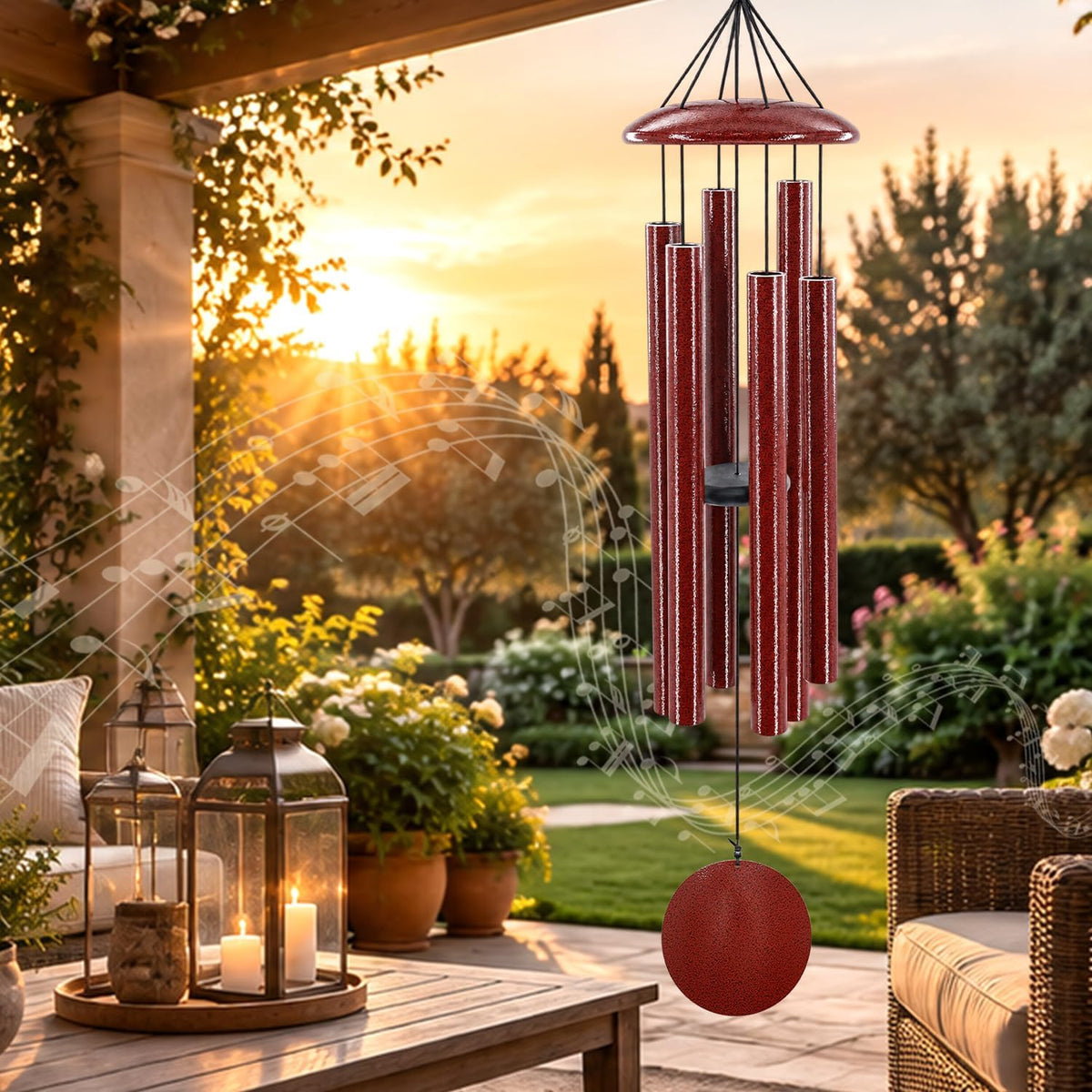 Red wind chime with six hanging tubes and round red sail displayed in a garden patio at sunset.