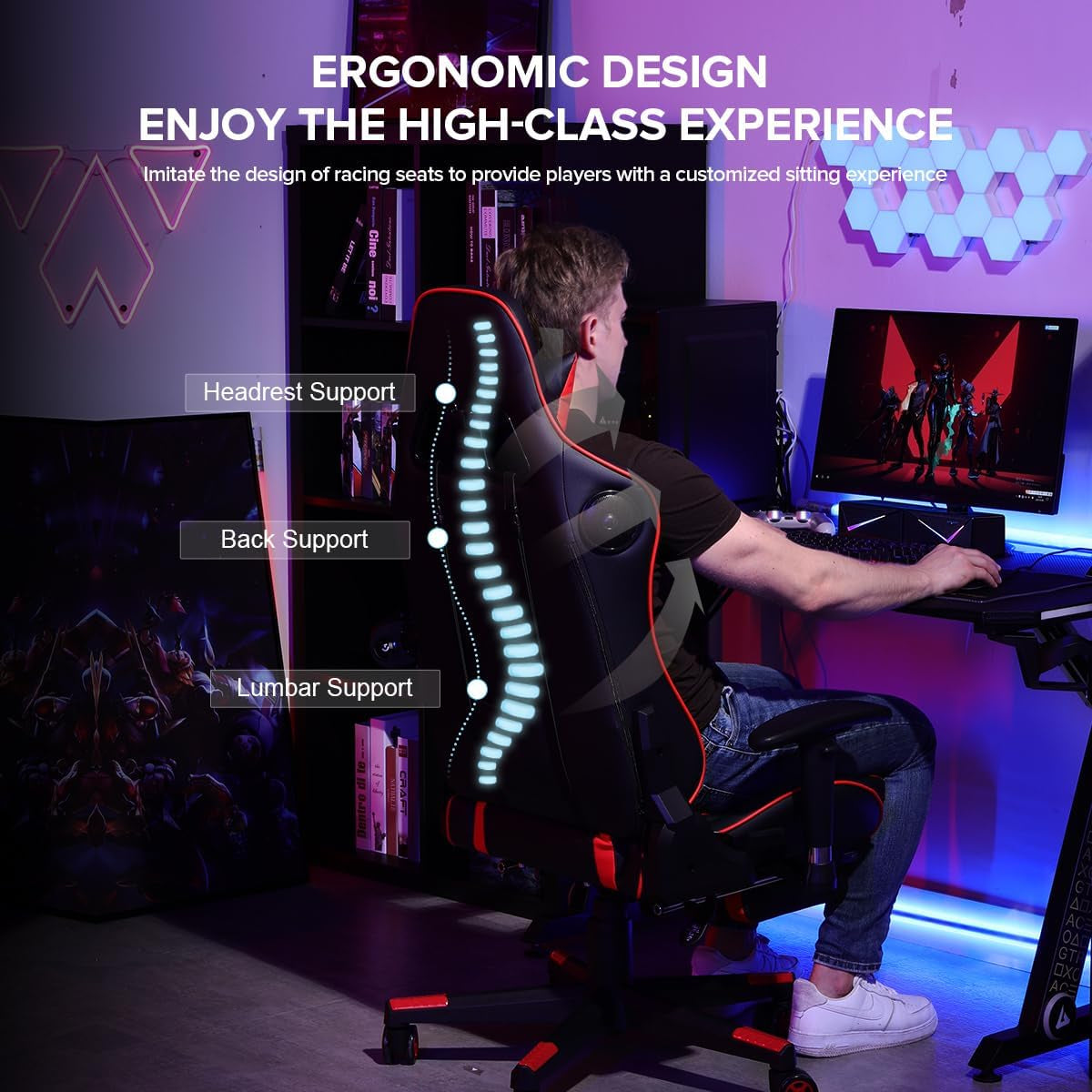 Rear three-quarter view in a gaming room showing headrest, back and lumbar support highlights