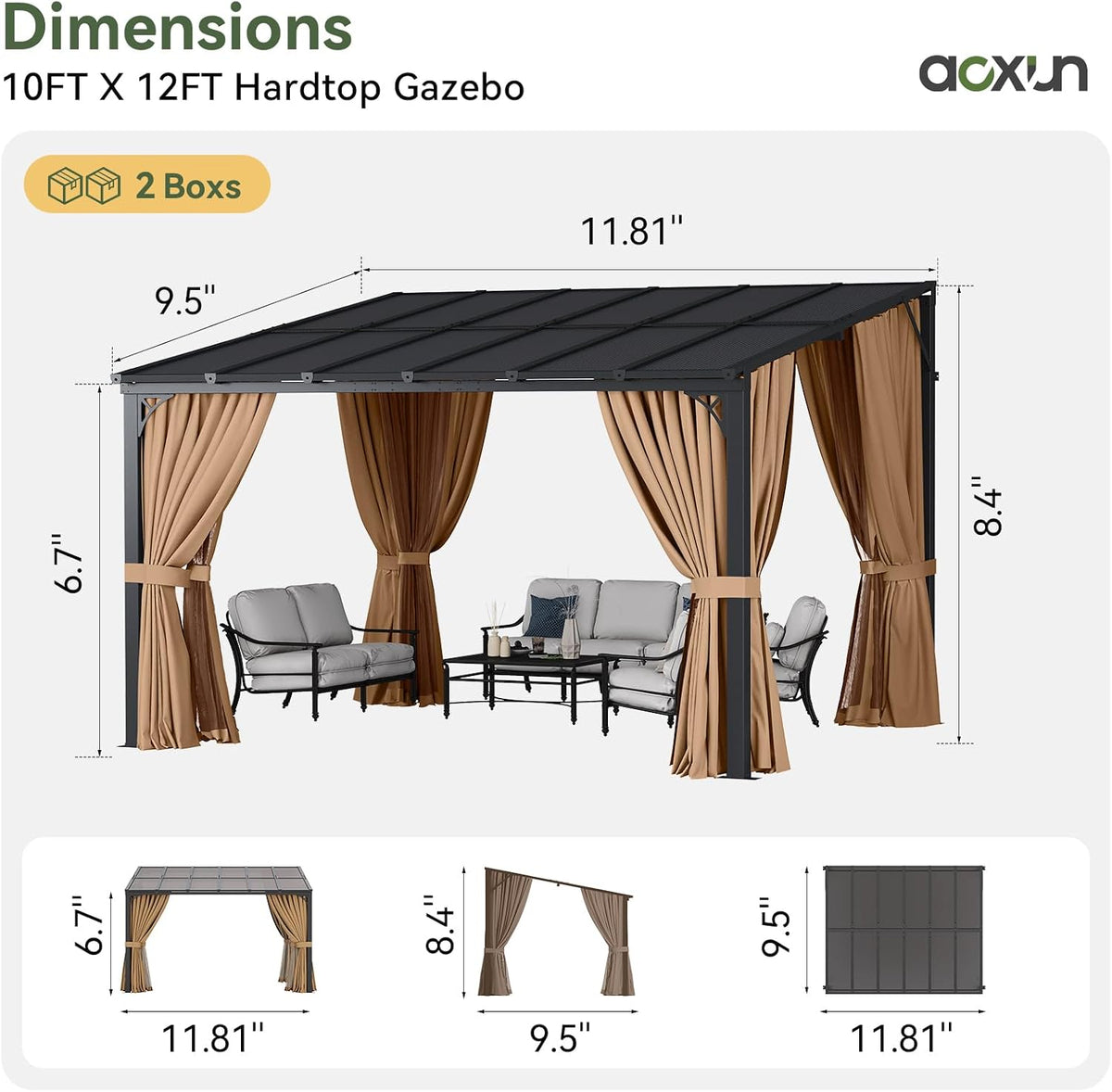 Rendered front view of the pergola with dimension callouts and three small thumbnails showing front, side and top views.