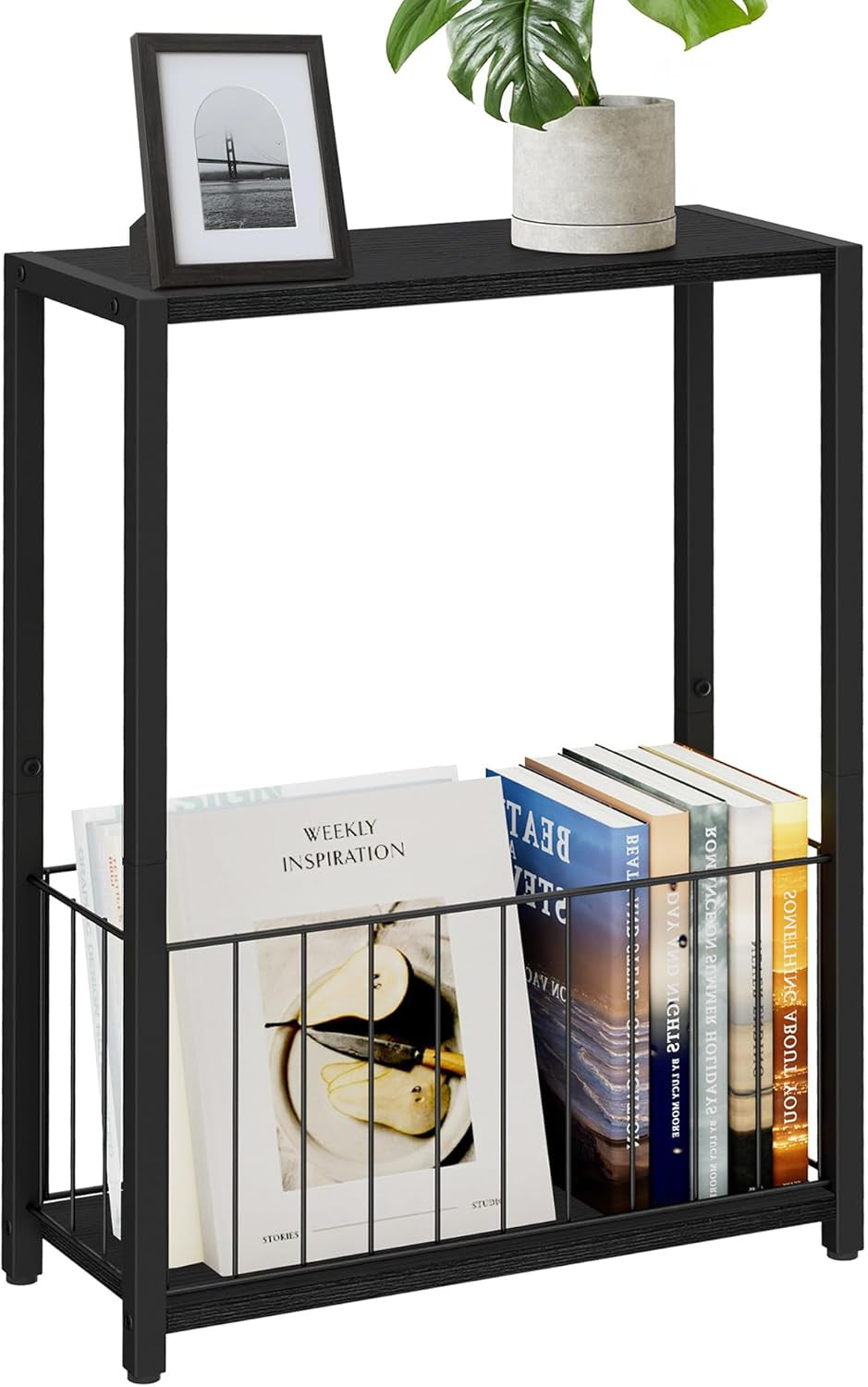 Narrow black side table front view showing removable wire magazine basket filled with books