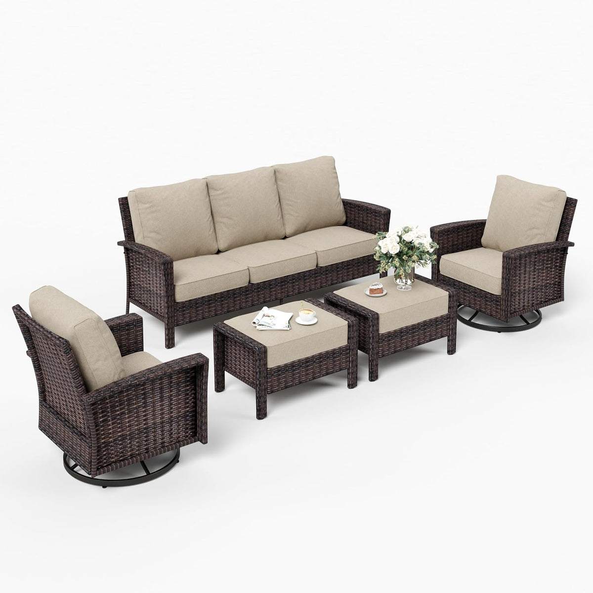 Five-piece outdoor set: three-seat sofa, two swivel chairs, and two matching ottomans arranged on white background