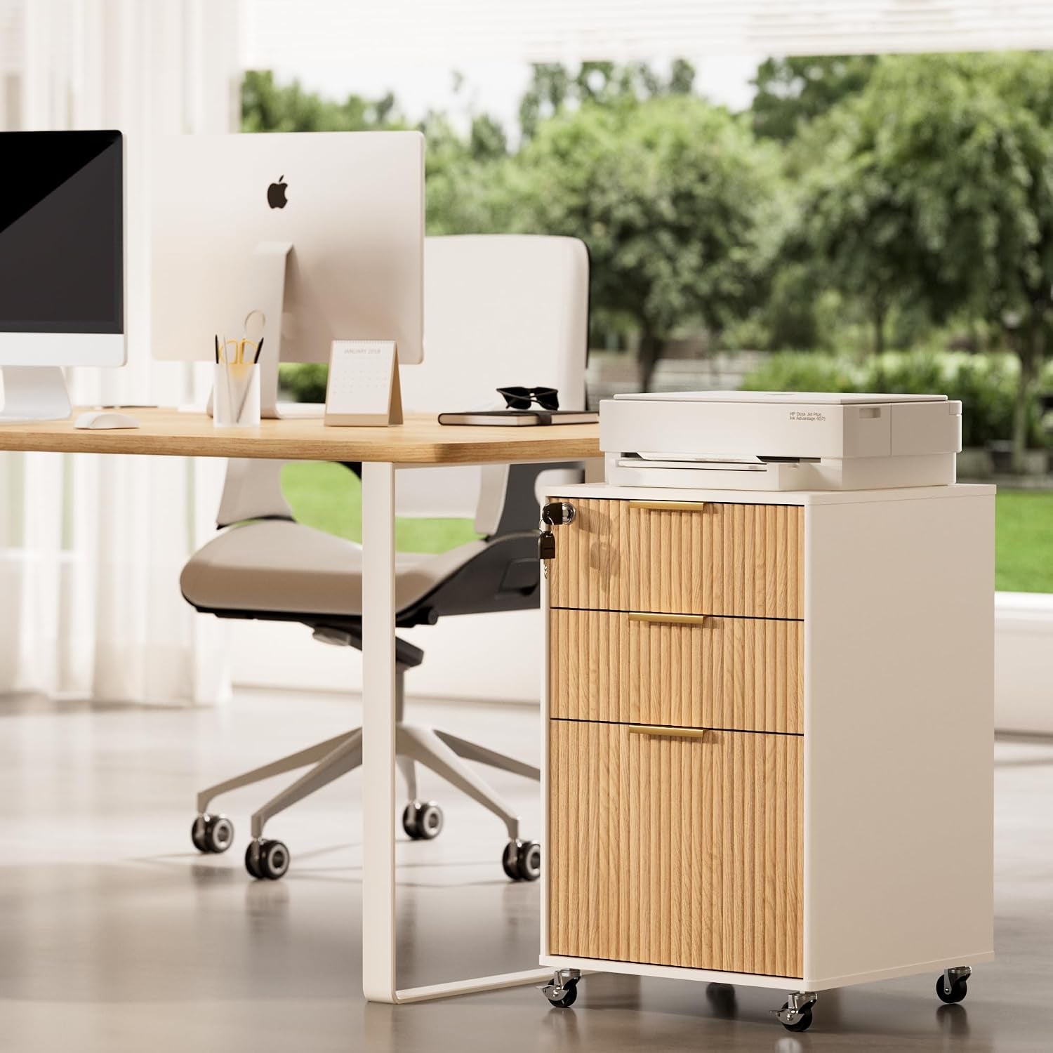 White-bodied cabinet with oak front placed under a desk with a printer on top in a bright office setting