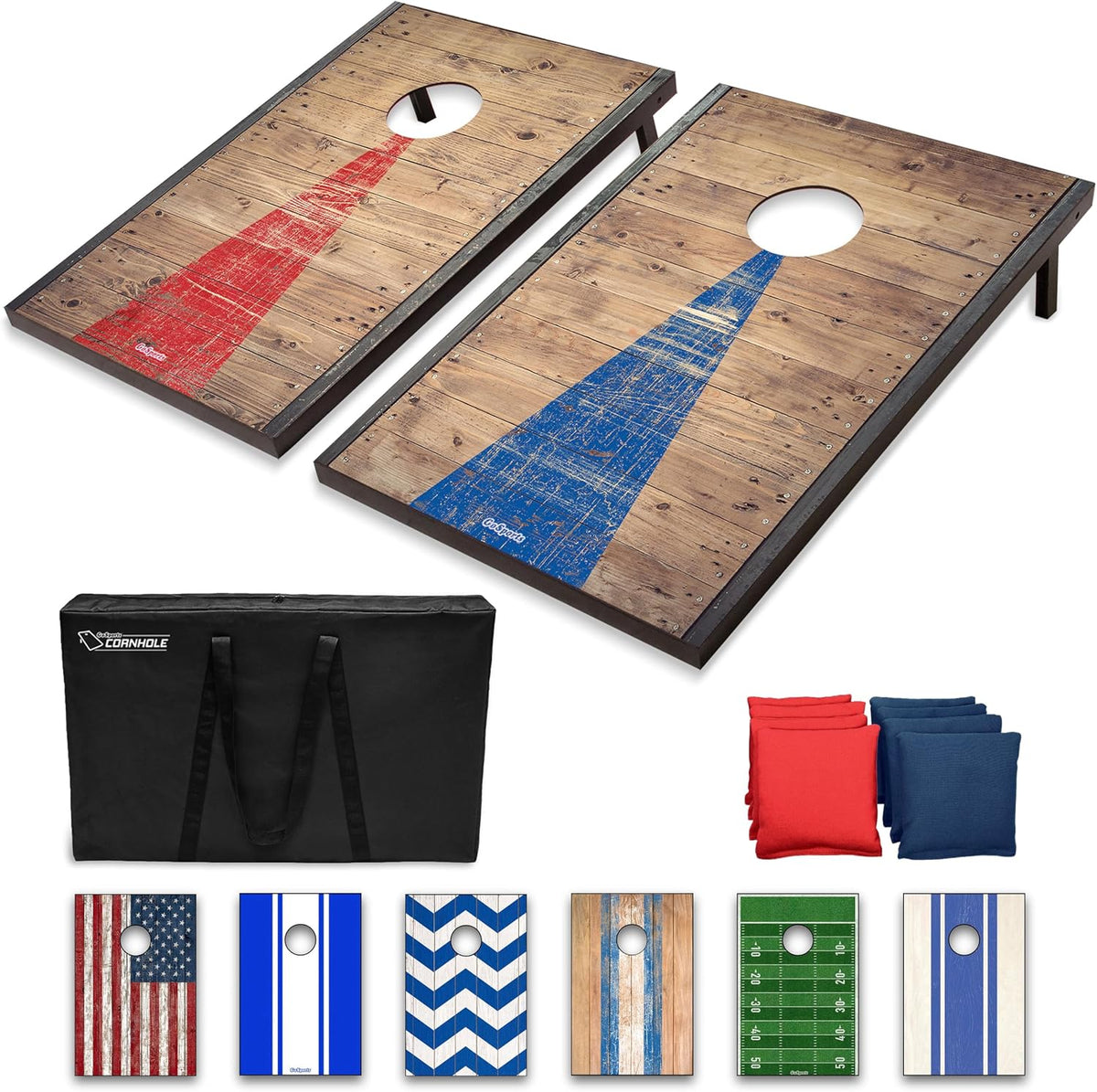 Angled view of two distressed wood‑grain boards with faded red and blue tapered graphics, plus carry case and bean bags.