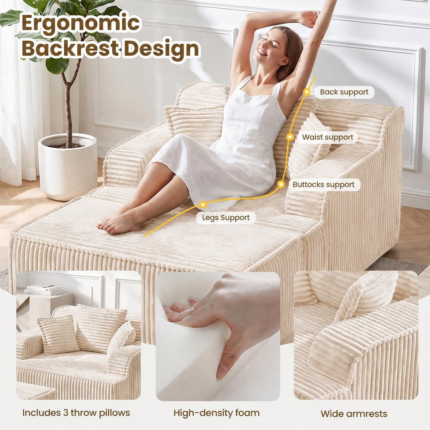 Close-up collage showing three throw pillows, high-density foam compression test, and wide corduroy armrest on the chaise