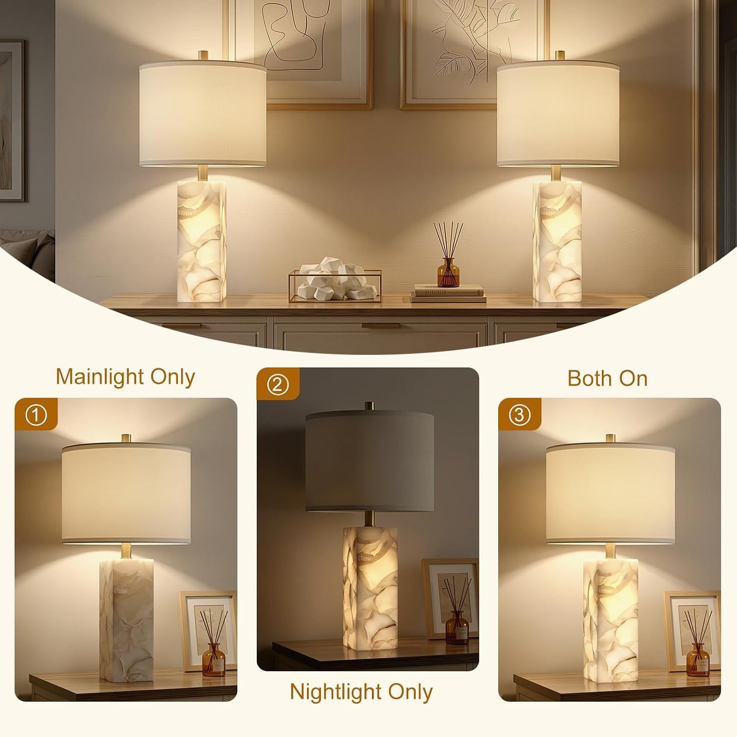 Three-panel illustration showing main light, night light, and both lights on for the alabaster lamp