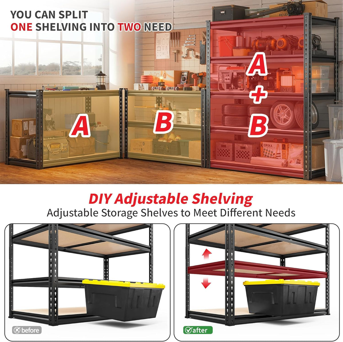 Graphic showing a 72‑inch shelving unit split into two 36‑inch workbench‑style sections