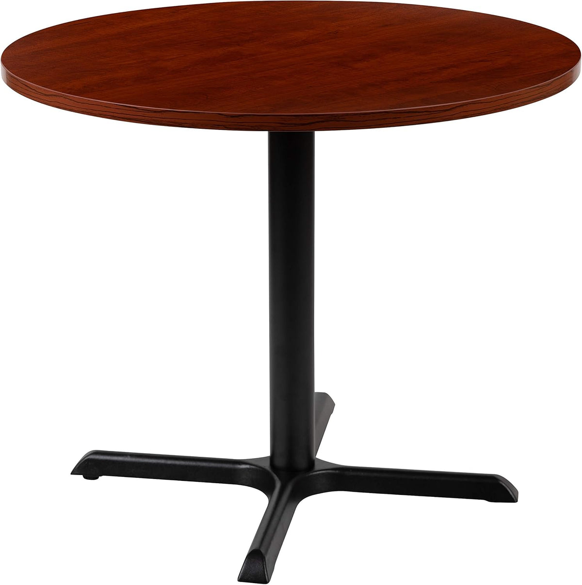 Round cherry laminate tabletop with central black post and cast-iron X-base on white background, front view