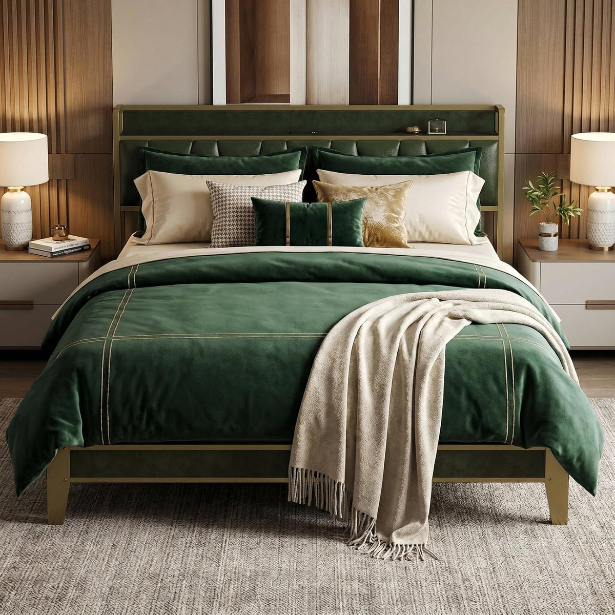 LIKIMIO King Size Bed Frame with Storage Headboard and Charging Station | Vintage Brown and Gray, gallery view 17