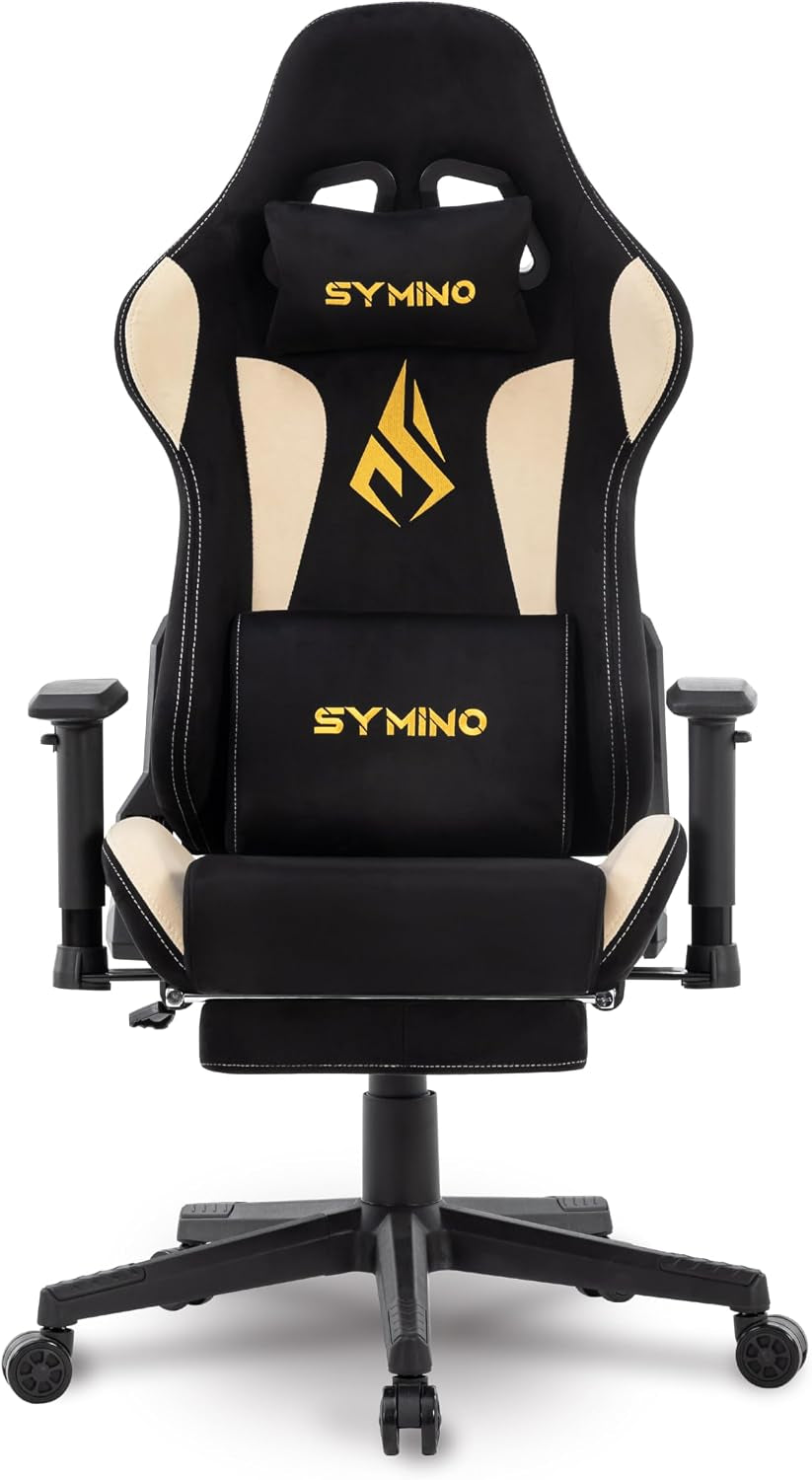 Front view of black-and-beige racing-style gaming chair with contoured shell, lumbar pillow and adjustable armrests.