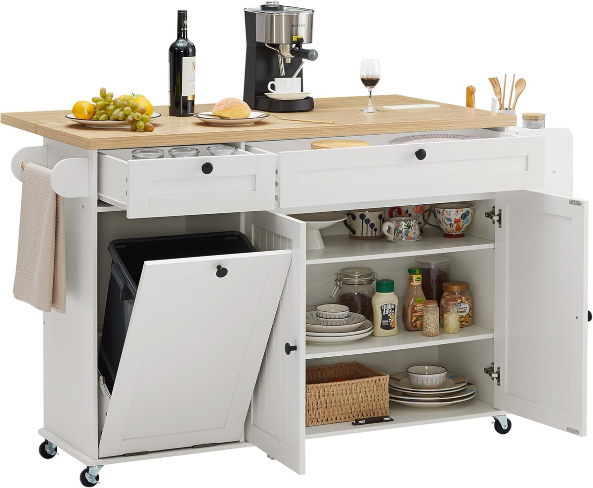 White kitchen island cart with wood top showing open drawers, cabinet shelves and tilted trash compartment.