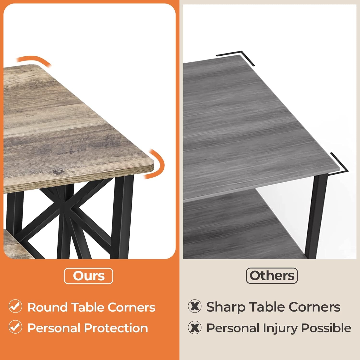 Split image comparing a rounded table corner on the left with a sharp corner on the right to highlight edge shape