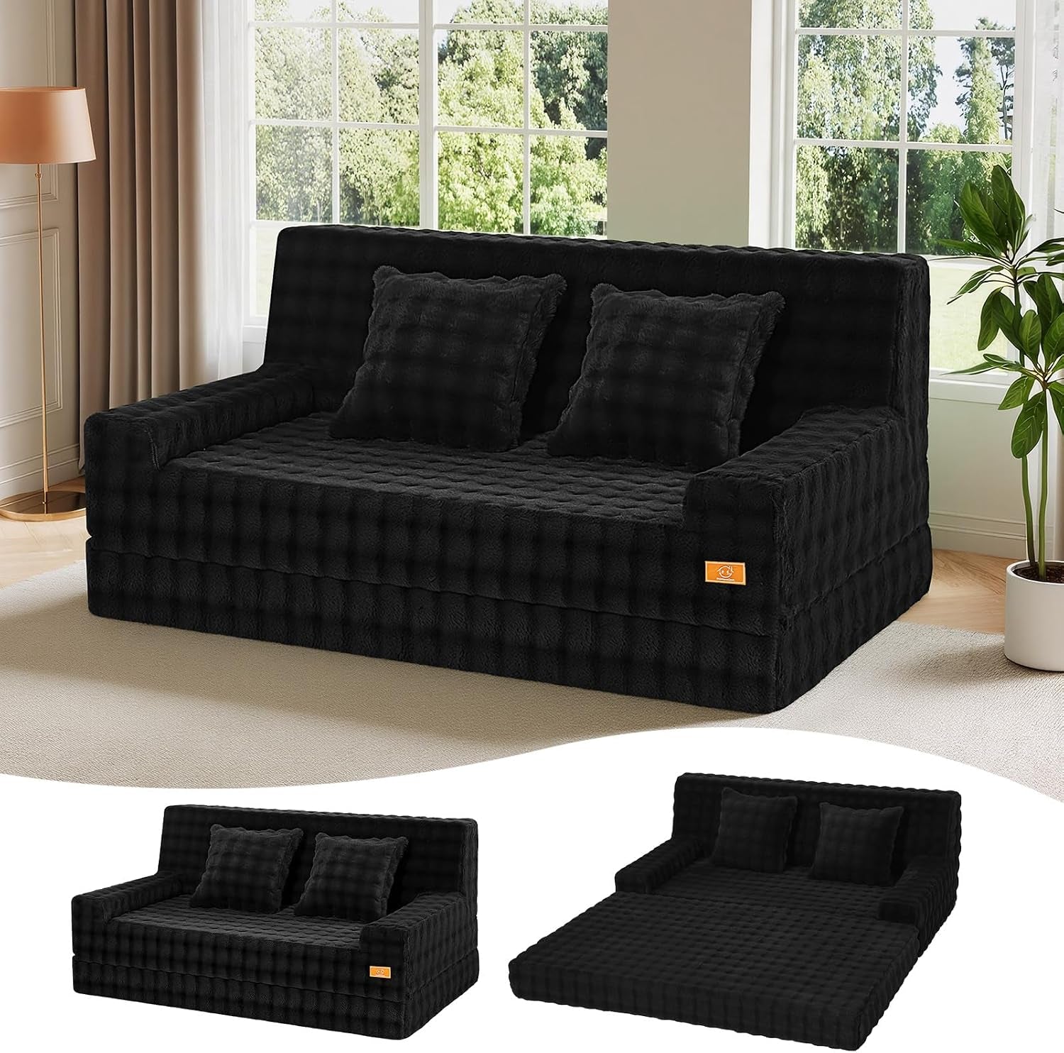 Black corduroy loveseat sofa bed staged in a bright room with two black throw pillows