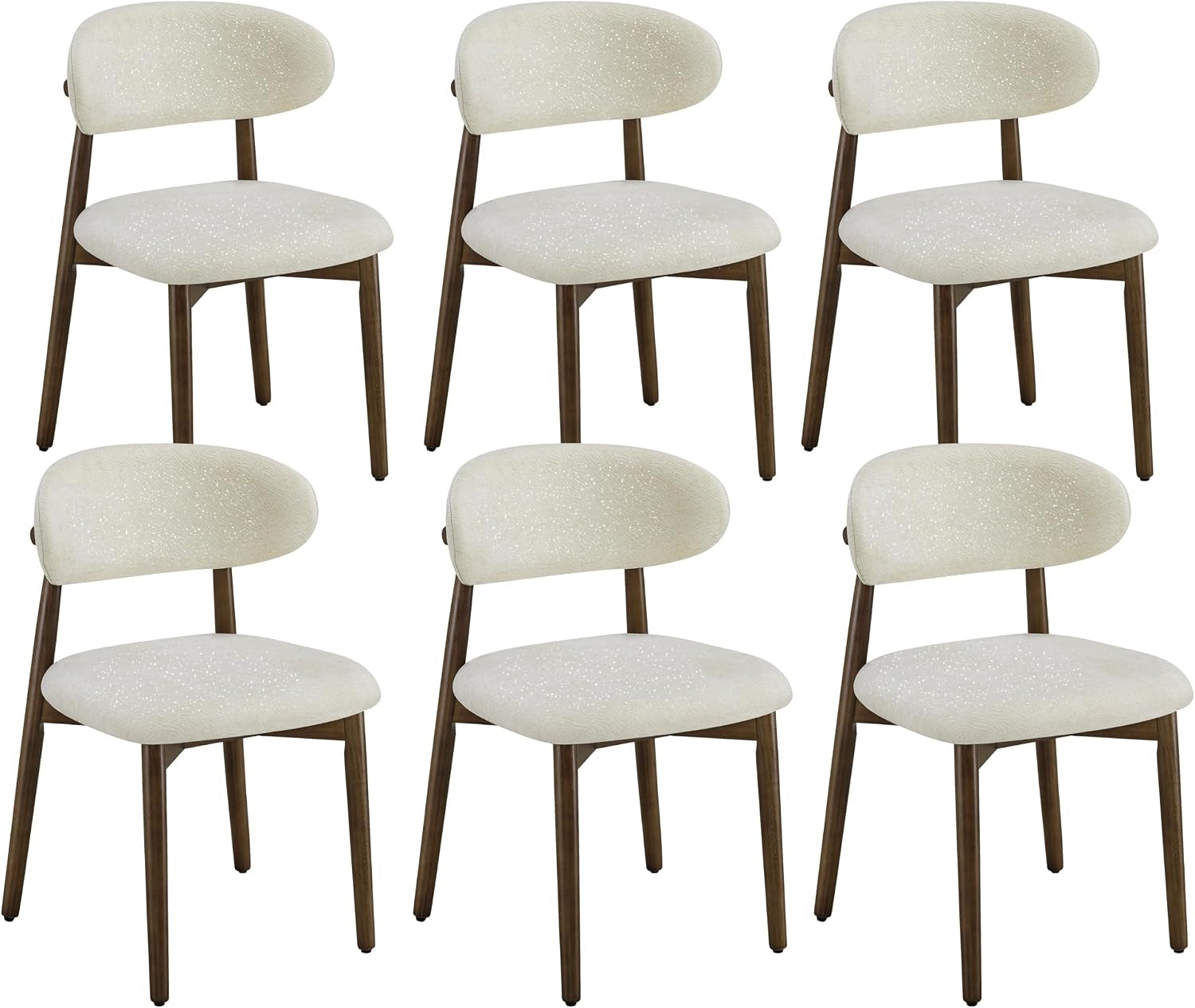 Six cream-speckled dining chairs with curved backs and brown legs on a white background.