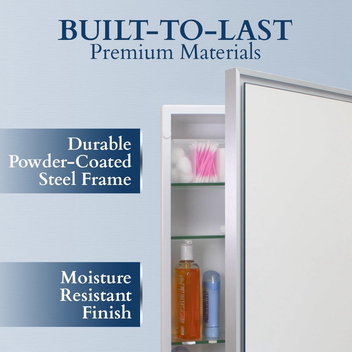 Partial view of a medicine cabinet door open to show three interior glass shelves beside promotional text