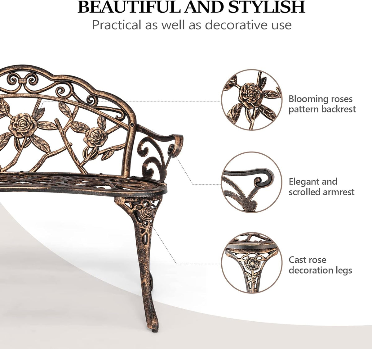 Close view of a garden bench backrest and seat with decorative details